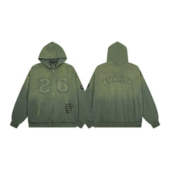 Vintage Olive Green Number 26 Embroidery Full‑Zip Hoodie