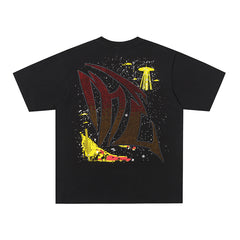 Black Mixed Emotion Cowboy Skull Vintage Graffiti Double‑Sided Print Short Sleeve T‑Shirt