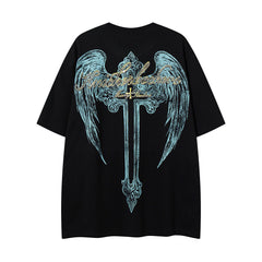 Vintage Black Alien Skull Angel Sword Double‑Sided Graphic T‑Shirt