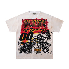 Vintage White Racing "00" Flame Graphic T‑Shirt