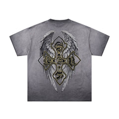 Grey Black Washed Vintage Portrait Totem Double‑Sided Graphic Band‑Style T‑Shirt