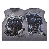 Charcoal Washed Vintage Black Panther Lightning Double‑Sided Graphic Sleeveless Vest