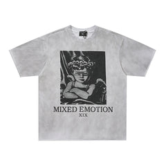 Light Gray Washed Mixed Emotion Portrait Vintage Letter Double‑Sided Short Sleeve T‑Shirt