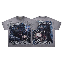 Washed Grey Black Panther Vintage Graphic T‑Shirt