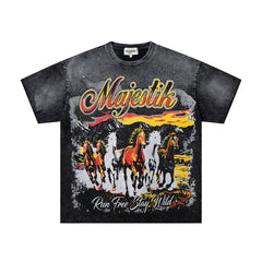 Black Washed Vintage Western Cowboy Horse Rider Double‑Sided Graphic Band‑Style T‑Shirt