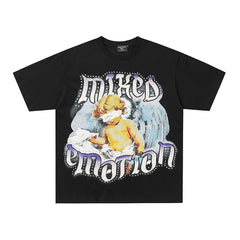 Black Mixed Emotion Cherub Angel Graphic Double‑Sided Short Sleeve T‑Shirt