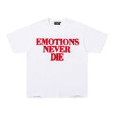 White Mixed Emotions "Emotions Never Die" Red Double‑Sided Print Short Sleeve T‑Shirt