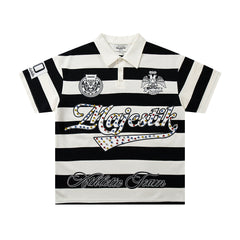 Vintage Black‑White Stripe MAJESTIC Rugby Polo Shirt