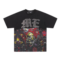 Black Mixed Emotion Punk‑Style Skull Double‑Sided Print Short Sleeve T‑Shirt