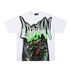 White Mixed Emotion Green Monster Venom‑Style Double‑Sided Print Short Sleeve T‑Shirt