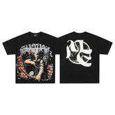 Black Washed Mixed Emotion Rock Portrait Graphic Double‑Sided Short Sleeve T‑Shirt