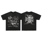 Black Washed Mixed Emotion Graffiti Cross Graphic Double‑Sided Short Sleeve T‑Shirt