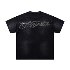 Black Washed Vintage Knight‑Horse Double‑Sided Graphic Band‑Style T‑Shirt
