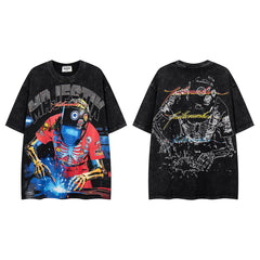 Vintage Black Skeleton Robot Double‑Sided Graphic T‑Shirt