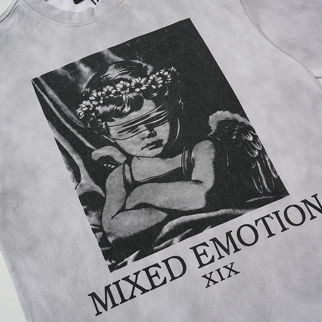 Light Gray Washed Mixed Emotion Portrait Vintage Letter Double‑Sided Short Sleeve T‑Shirt