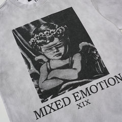 Light Gray Washed Mixed Emotion Portrait Vintage Letter Double‑Sided Short Sleeve T‑Shirt
