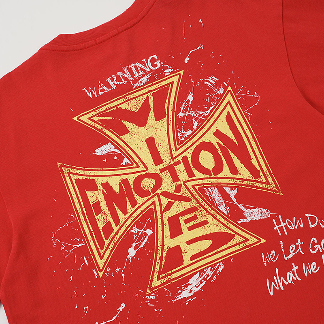 Red Washed Mixed Emotion Cross Graphic Double‑Sided Short Sleeve T‑Shirt
