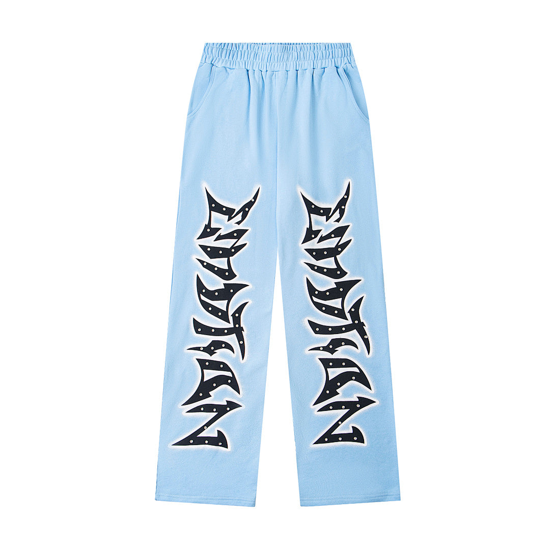 Mixed Emotion Light‑Blue Gothic Letter Wide‑Leg Sweat Pants