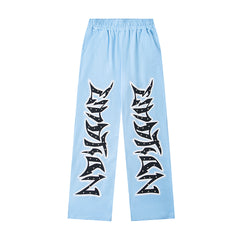 Mixed Emotion Light‑Blue Gothic Letter Wide‑Leg Sweat Pants