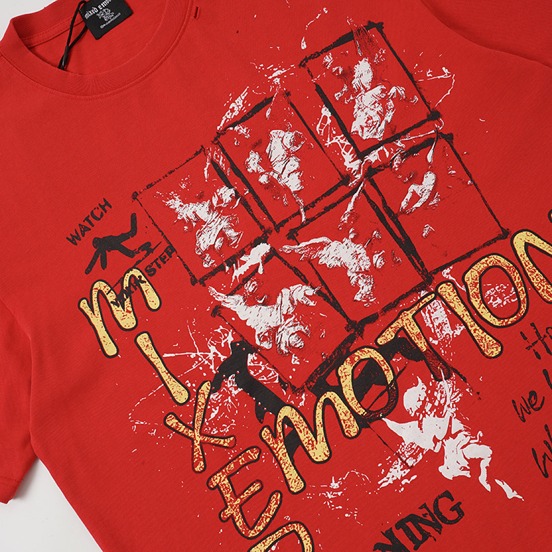 Red Washed Mixed Emotion Cross Graphic Double‑Sided Short Sleeve T‑Shirt