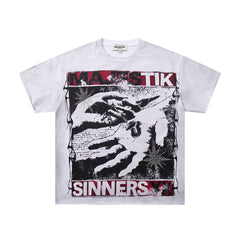 Off‑White Washed Vintage Hand Graphic Double‑Sided Band‑Style T‑Shirt