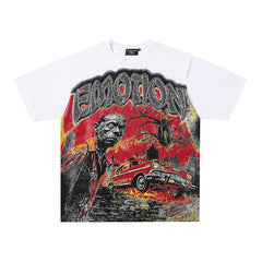 White Mixed Emotion Vintage Fire Car Figure Double‑Sided Print Short Sleeve T‑Shirt