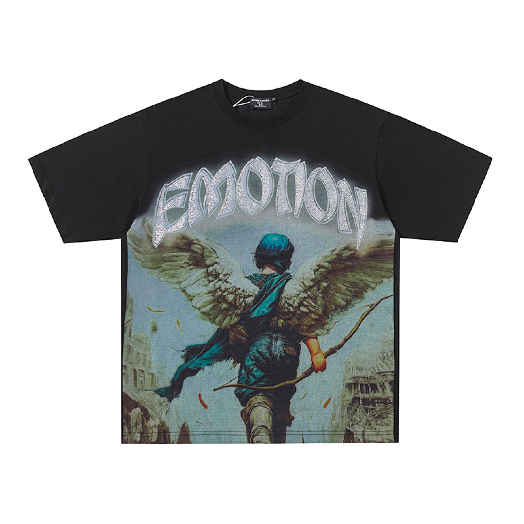 Black Mixed Emotion Vintage Angel Archer Graphic Double‑Sided Print Short Sleeve T‑Shirt