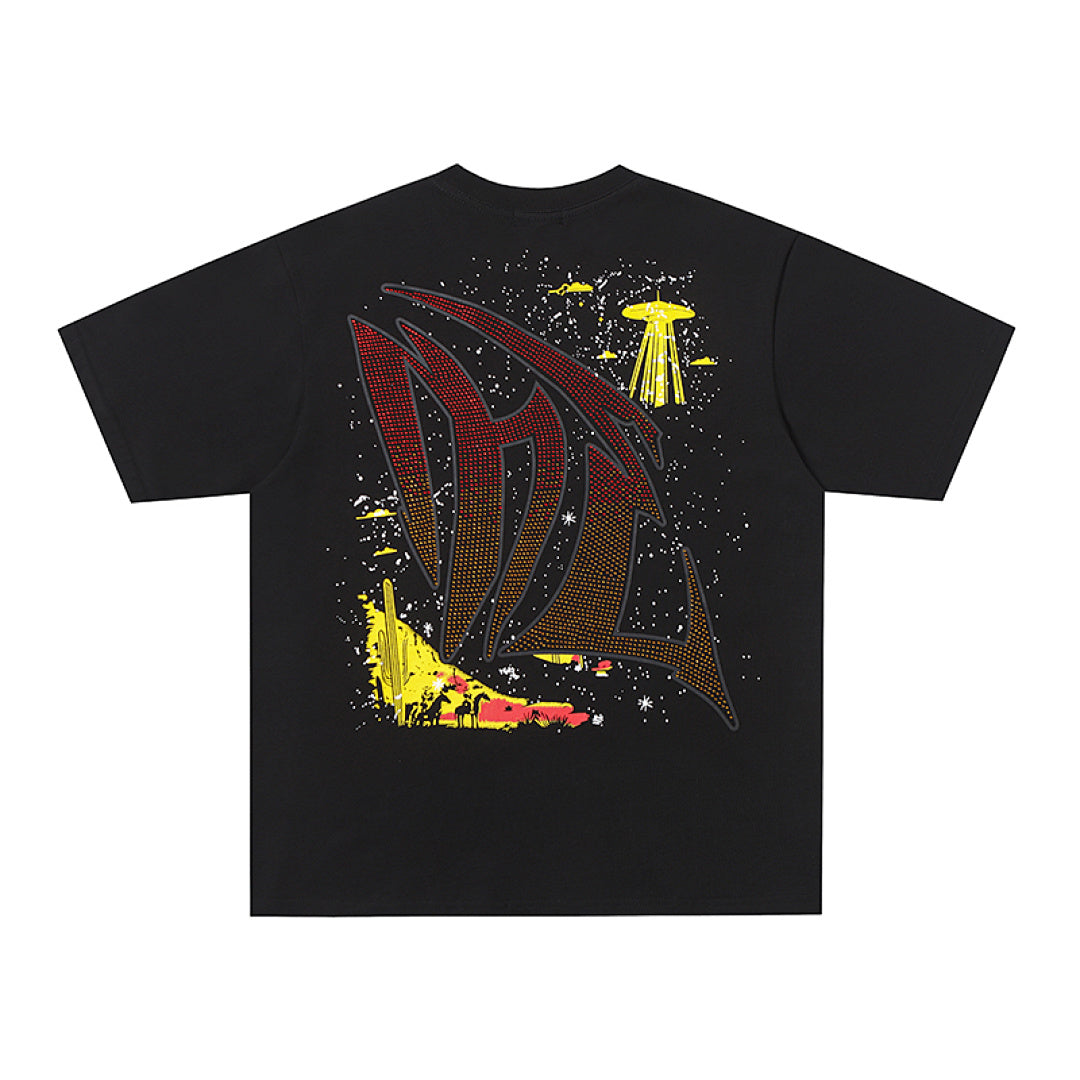 Black Mixed Emotion Cowboy Skull Vintage Graffiti Double‑Sided Print Short Sleeve T‑Shirt