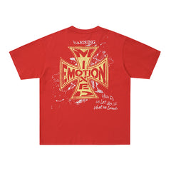 Red Washed Mixed Emotion Cross Graphic Double‑Sided Short Sleeve T‑Shirt