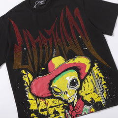 Black Mixed Emotion Cowboy Skull Vintage Graffiti Double‑Sided Print Short Sleeve T‑Shirt