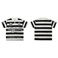 Vintage Black‑White Stripe MAJESTIC Rugby Polo Shirt