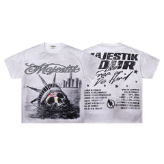 Off‑White Washed Vintage Statue Of Liberty Tour Poster Double‑Sided Band‑Style T‑Shirt