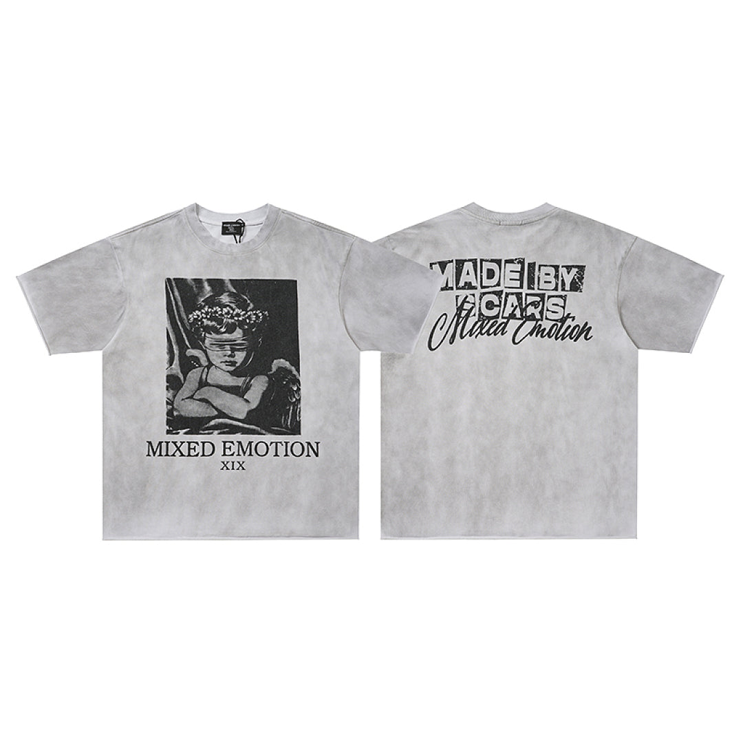 Light Gray Washed Mixed Emotion Portrait Vintage Letter Double‑Sided Short Sleeve T‑Shirt