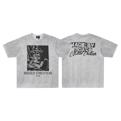 Light Gray Washed Mixed Emotion Portrait Vintage Letter Double‑Sided Short Sleeve T‑Shirt