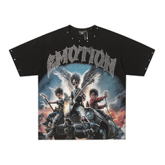 Black Mixed Emotion Biker Warrior Character Single‑Sided Short Sleeve T‑Shirt