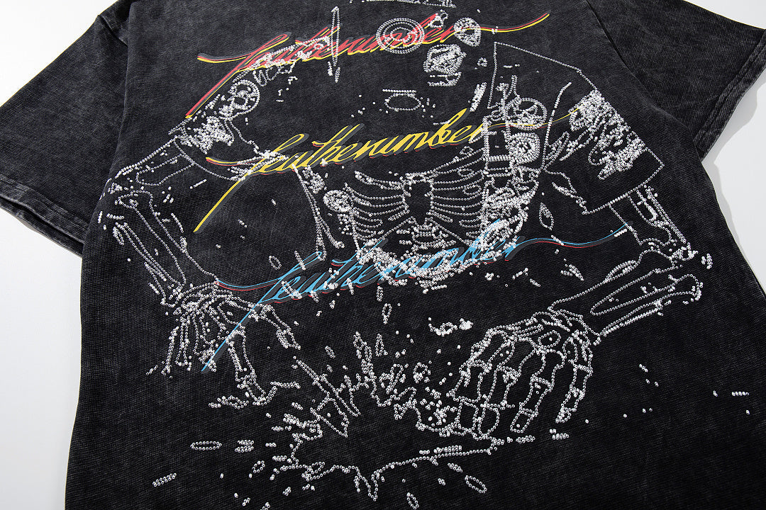 Vintage Black Skeleton Robot Double‑Sided Graphic T‑Shirt