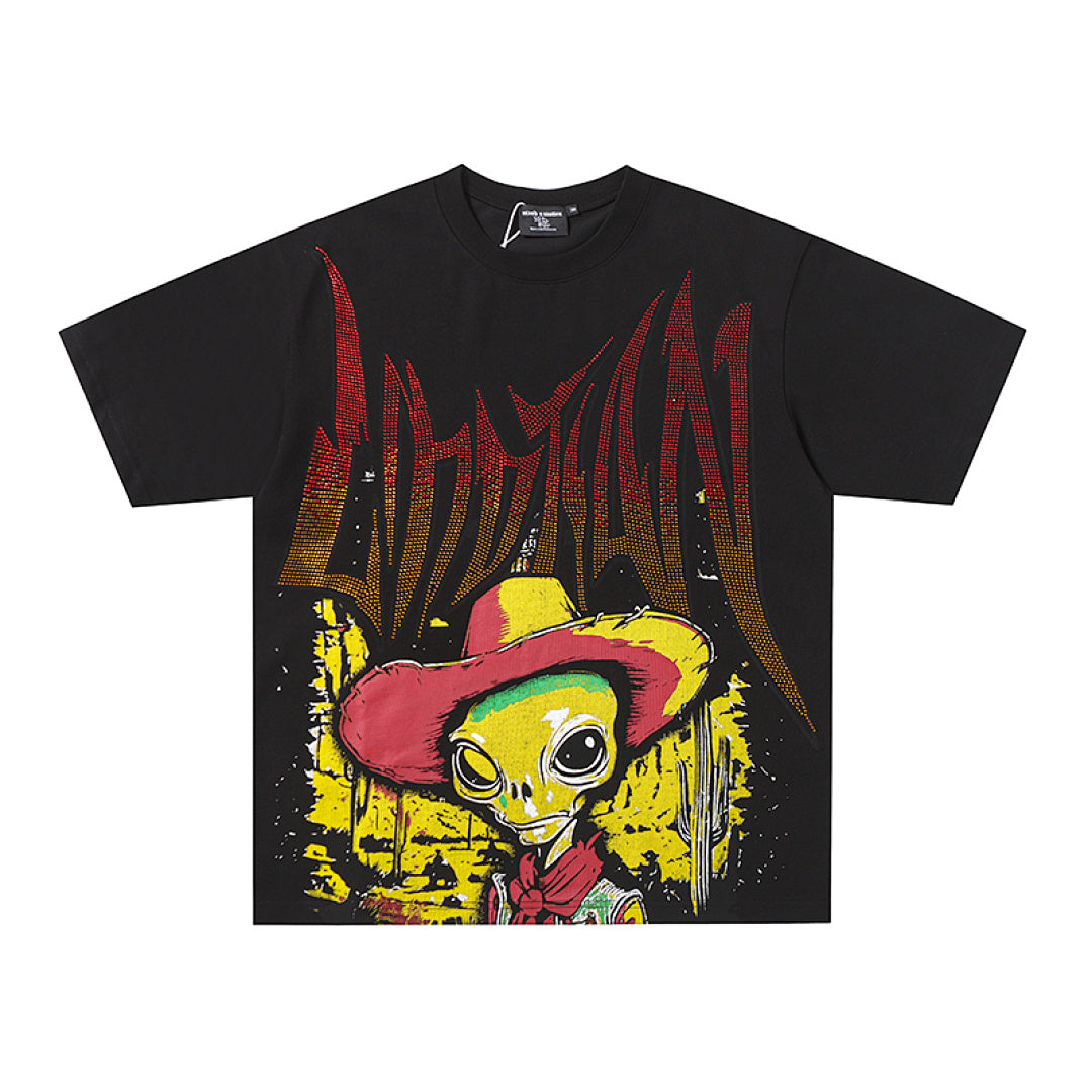 Black Mixed Emotion Cowboy Skull Vintage Graffiti Double‑Sided Print Short Sleeve T‑Shirt