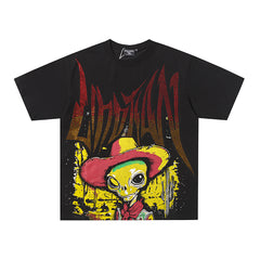 Black Mixed Emotion Cowboy Skull Vintage Graffiti Double‑Sided Print Short Sleeve T‑Shirt