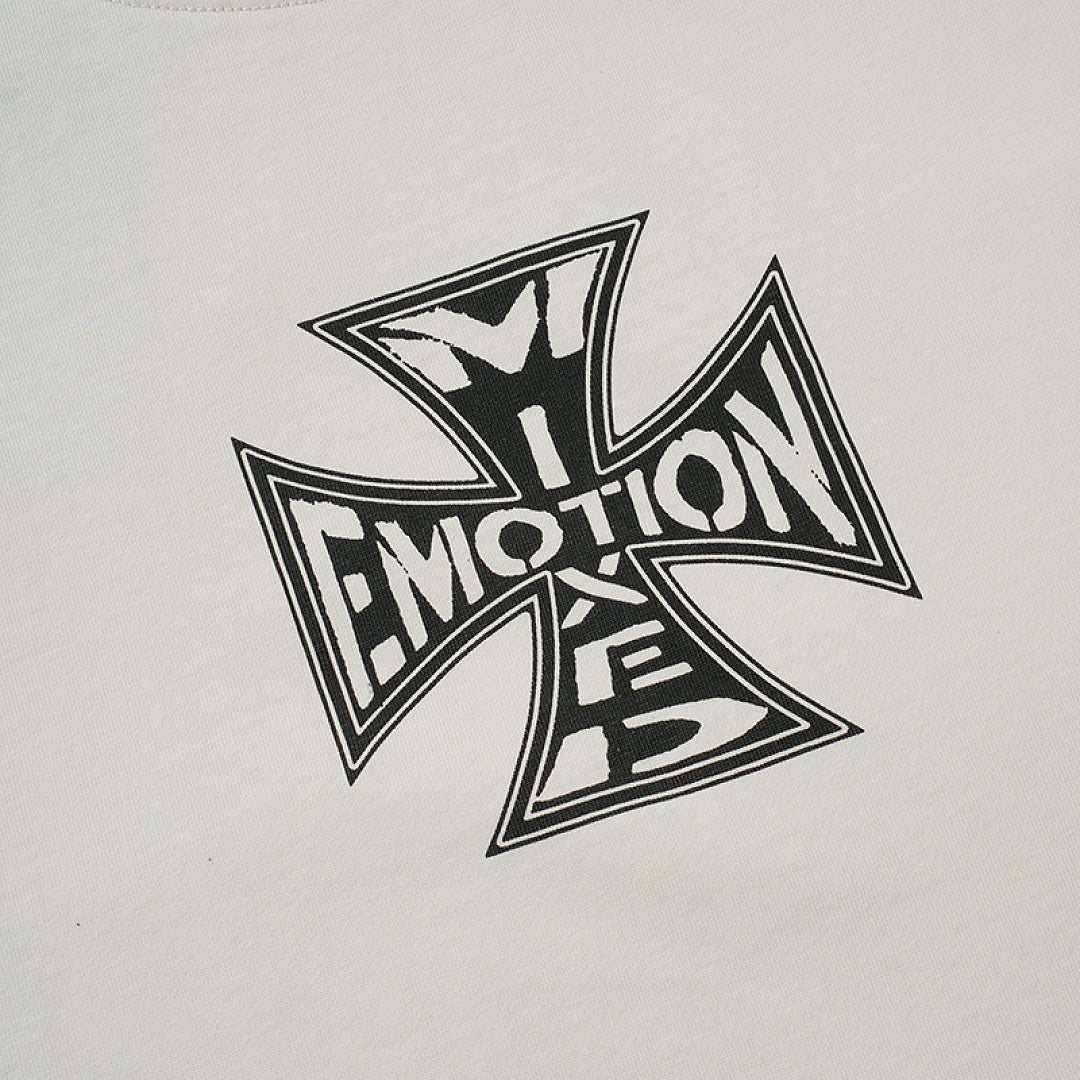 Off‑White Washed Mixed Emotion Small Cross Logo Single‑Sided Short Sleeve T‑Shirt