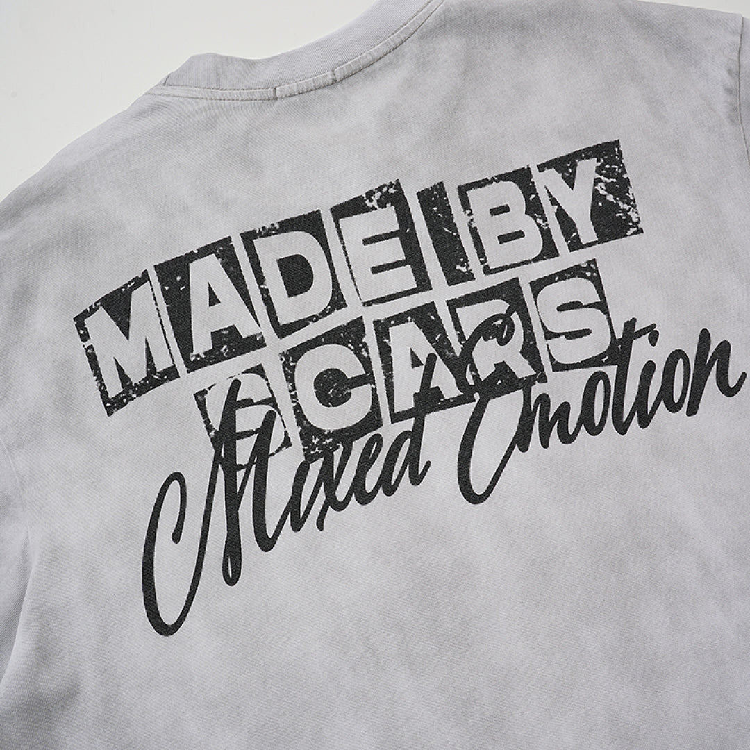 Light Gray Washed Mixed Emotion Portrait Vintage Letter Double‑Sided Short Sleeve T‑Shirt