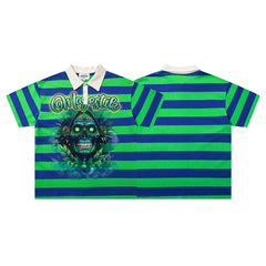 Green Blue Stripe Monster Graphic Vintage Polo Shirt