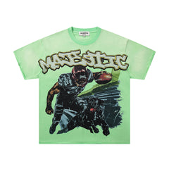 Light Green Washed Vintage Football Player Double‑Sided Graphic Band‑Style T‑Shirt