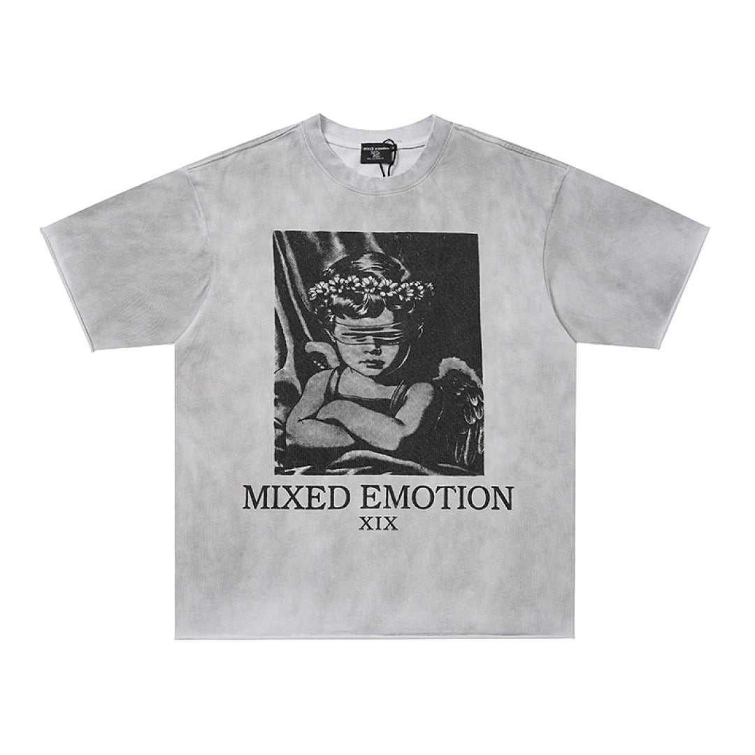 Light Gray Washed Mixed Emotion Portrait Vintage Letter Double‑Sided Short Sleeve T‑Shirt