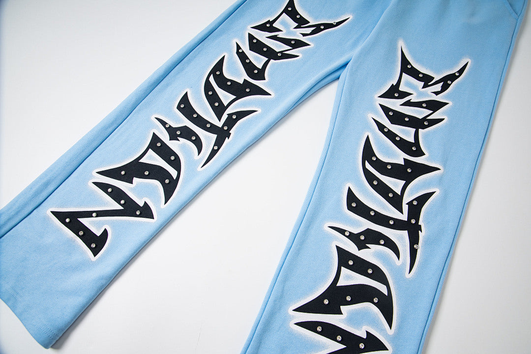 Mixed Emotion Light‑Blue Gothic Letter Wide‑Leg Sweat Pants