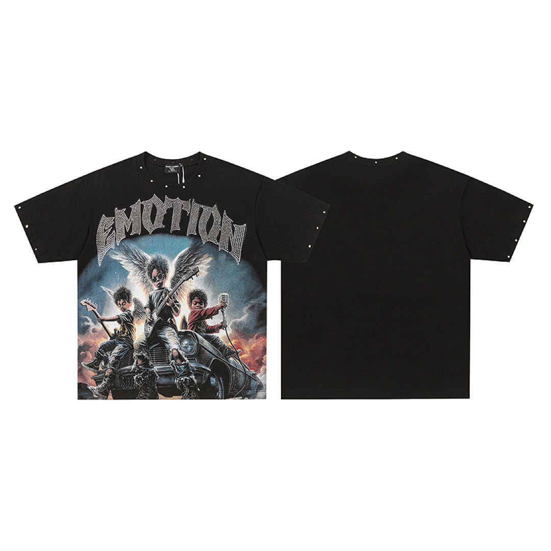 Black Mixed Emotion Biker Warrior Character Single‑Sided Short Sleeve T‑Shirt