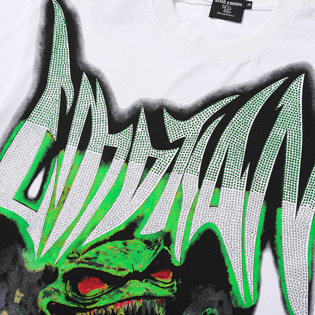 White Mixed Emotion Green Monster Venom‑Style Double‑Sided Print Short Sleeve T‑Shirt