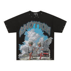 Black Mixed Emotion Twin Kids Angel Single‑Sided Short Sleeve T‑Shirt