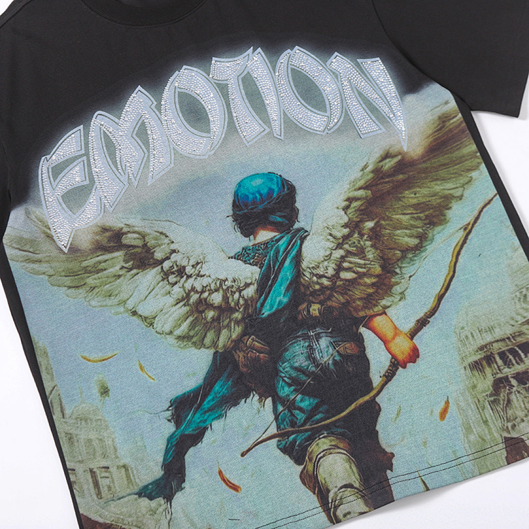 Black Mixed Emotion Vintage Angel Archer Graphic Double‑Sided Print Short Sleeve T‑Shirt