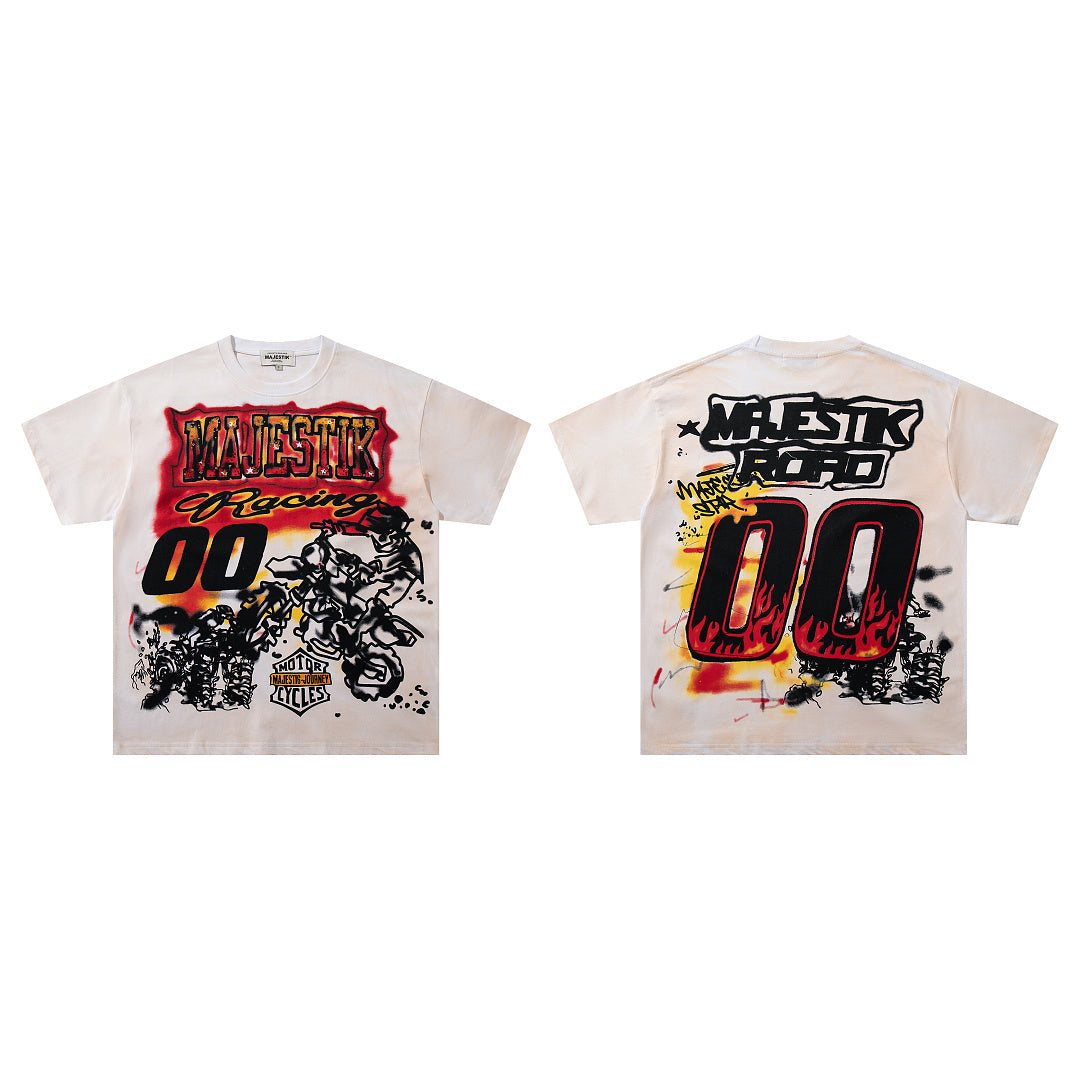 Vintage White Racing "00" Flame Graphic T‑Shirt