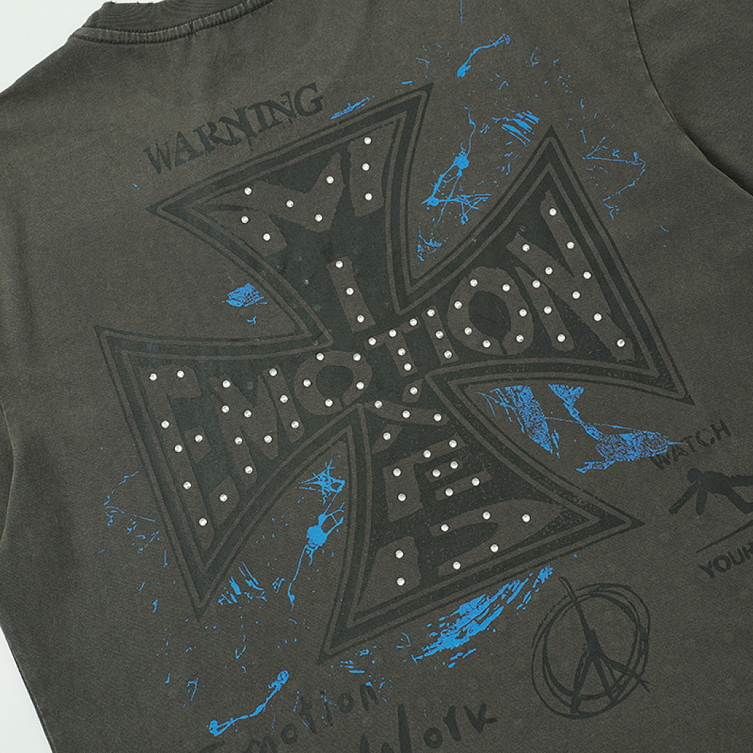 Charcoal Black Washed Cross Rhinestone Double‑Sided Graphic Short Sleeve T‑Shirt
